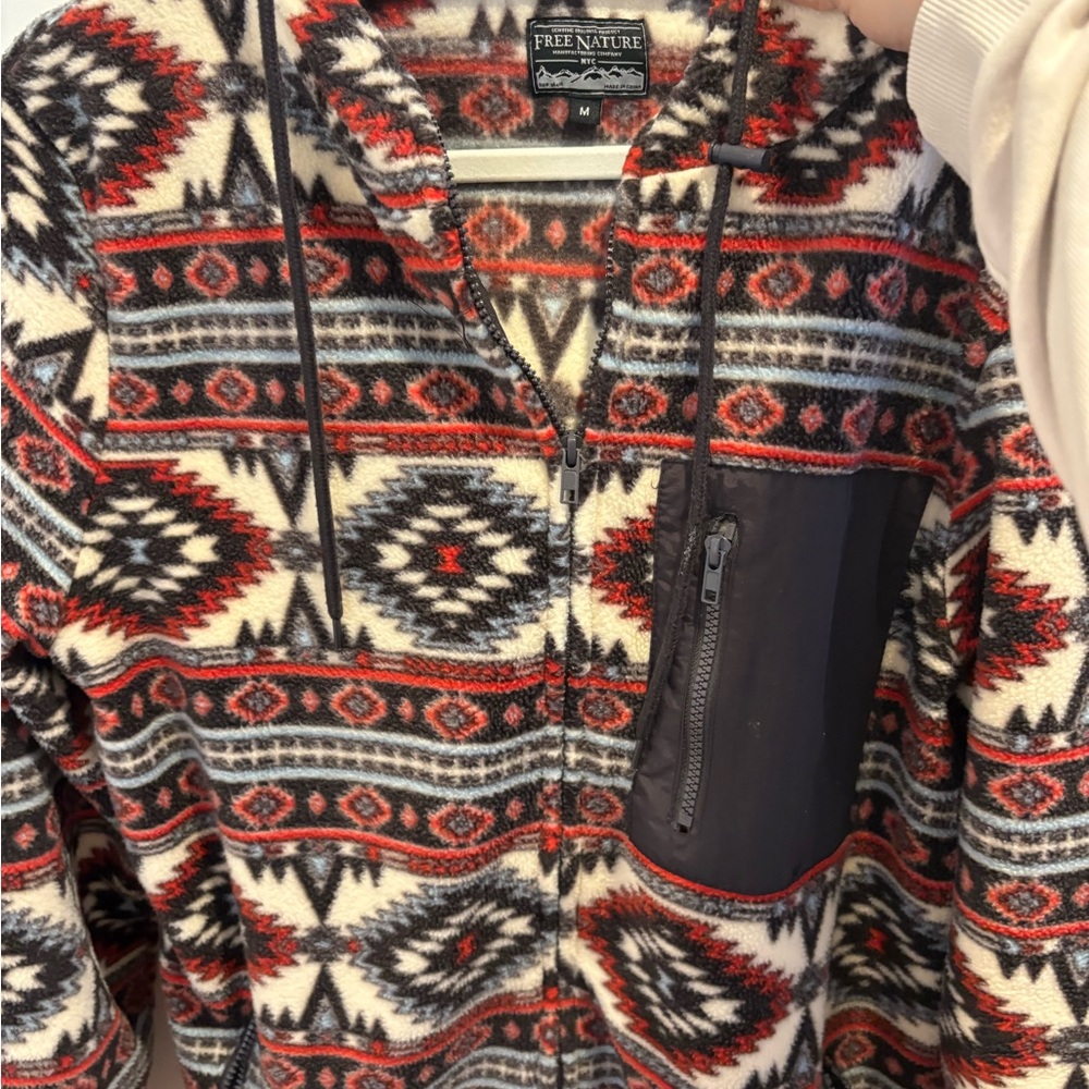 Free Nature Aztec Fleece Zip Hoodie in Cream & Red